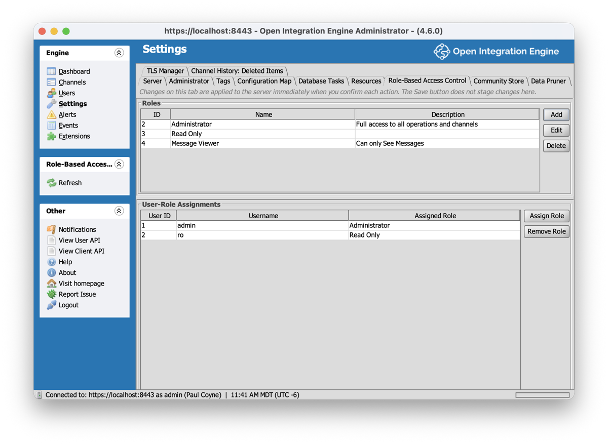 Role Based Access Control settings tab in the OIE Administrator